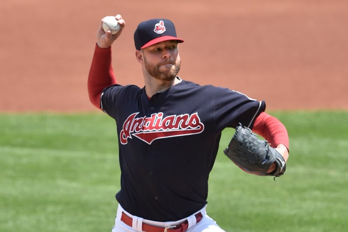 Jun 29, 2017; Cleveland, OH, USA; Cleveland Indians starting pitcher Corey Kluber (28) delivers in the first inning against the Texas Rangers at Progressive Field.